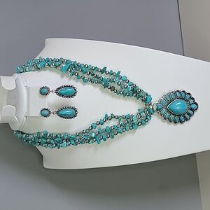 Bohemian Set Earrings and Necklace Natural Crushed Stones Faux Turquoise Silver